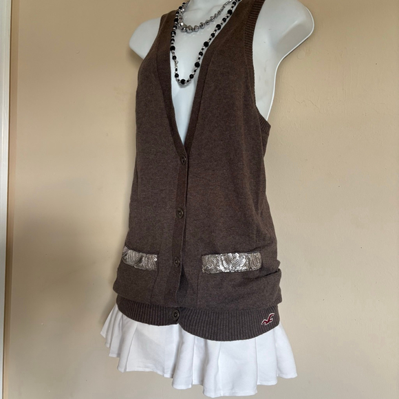 Hollister Vintage Y2K Brown Taupe Cardigan Sweater with Silver Sequins, Size S - Picture 13 of 16